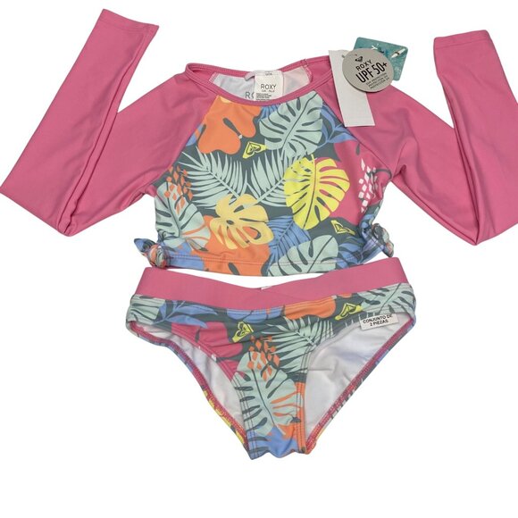 Roxy Kids Girls Pink Long Sleeve Rash Guard Bikini Set UPF 50+ size 8 NWT - Picture 1 of 8